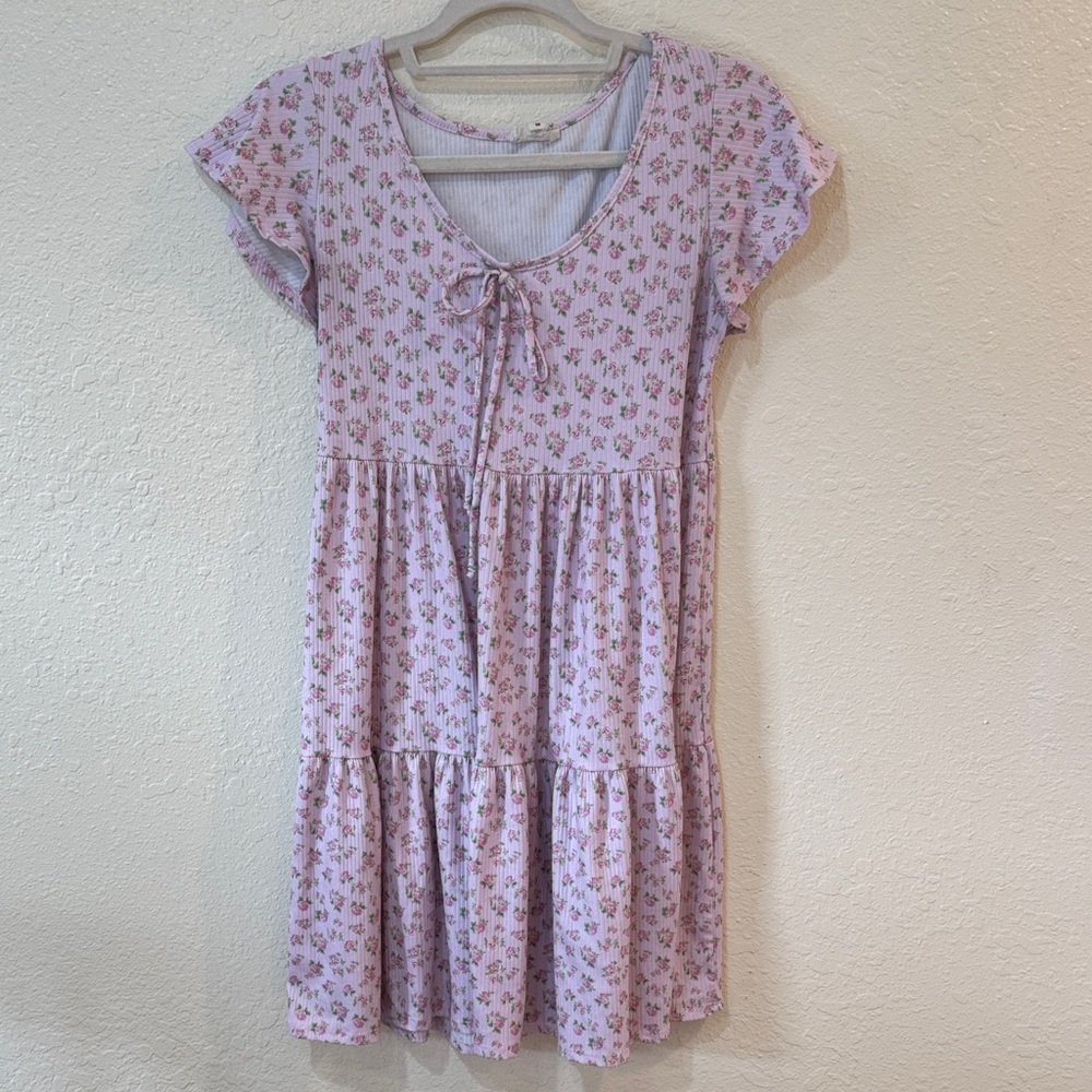 See You Monday Lilac Floral Tiered Dress with Tie Neck